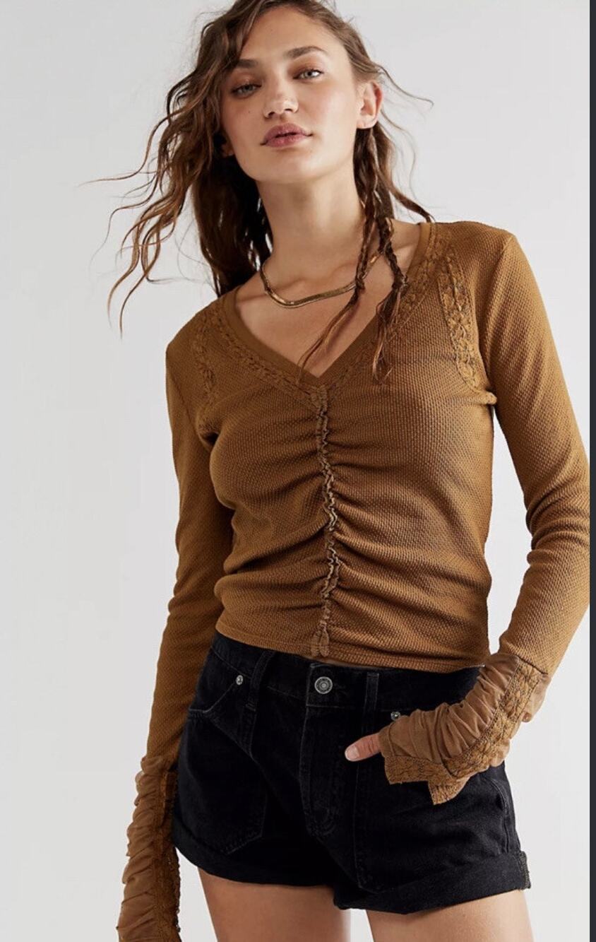 Free People Wear Me Out Long Sleeve Too Lace Trim size Large Boho Goblincore